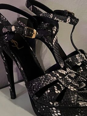 Yves Saint Laurent Black & White Snake-Print Platform T-Strap Heels
